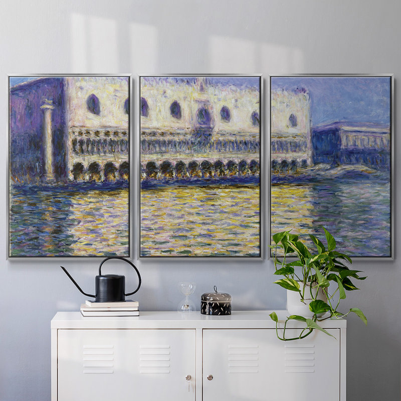 Monet - 3 pièces, reproduction encadrée sur toile, H 40 po x l 78 po x P 2 po, Encadrement argenté