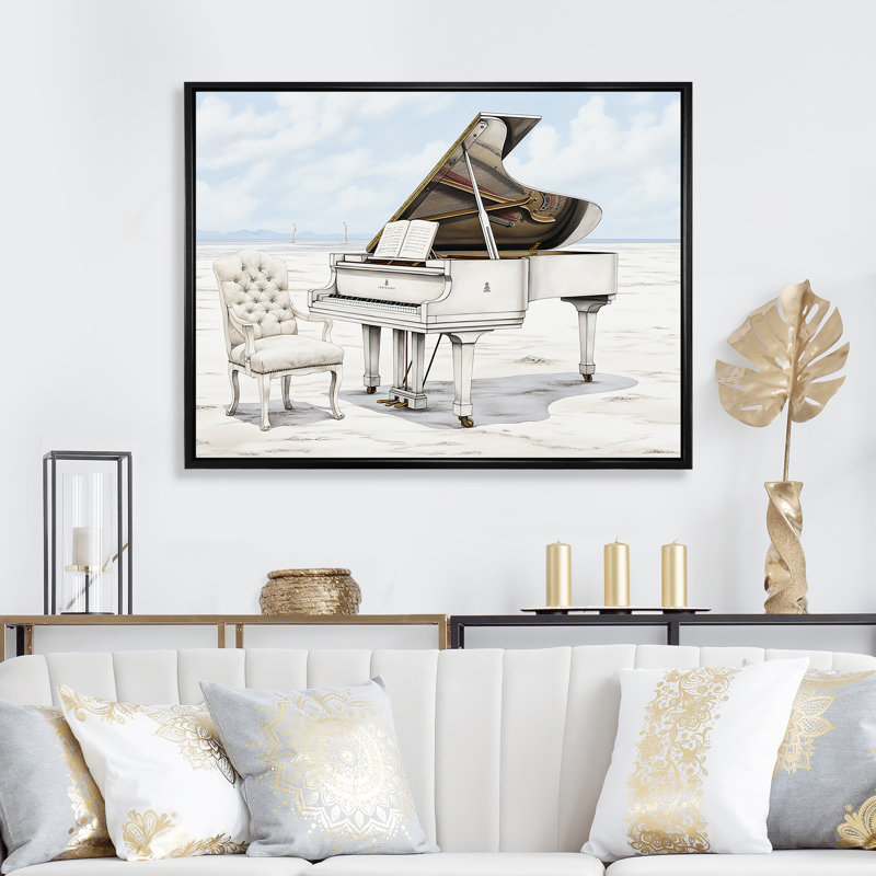 Piano à queue monochrome noir et blanc - art mural piano, Cadre flottant noir, H 30 po x l 40 po x P 1,5 po