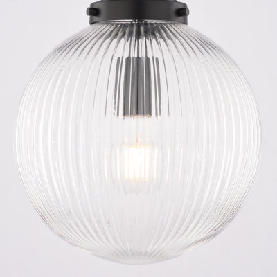Linden 1-Light 10 in. Wide Matte Black Art Deco Globe Pendant Light with Clear Ribbed Glass Shade, Ideal for Kitchen Island, Entryway, Bedroom or Foyer