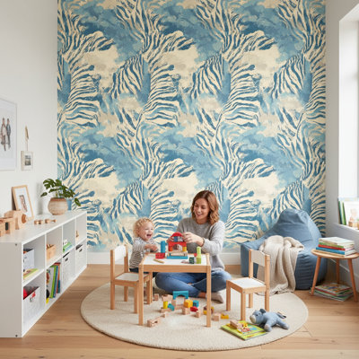 Papier peint abstrait avec imprimé animalier et double rouleau bleu amovible