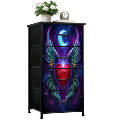 Commode pour la chambre à coucher avec 4 tiroirs de rangement rouge vif avec tourbillons complexes et arc-en-ciel, ailes d'ange sous le croissant, commode, commode en acier pour vestibule