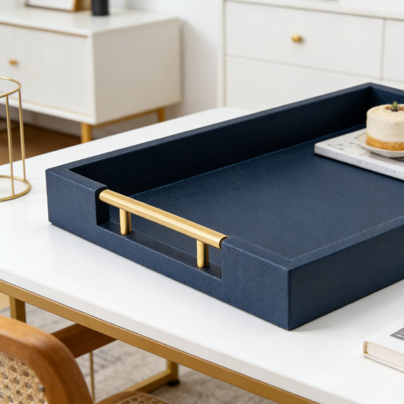 Large Rectangular Serving Tray With Gold Handles For Coffee Table Or Ottoman, Faux Leather Decorative Tray For Living Room, Bedroom, Or Kitchen