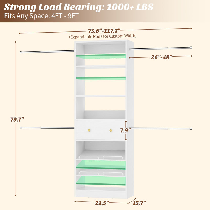 23.5 - 117.7'' W Closet System with Wooden Drawer and Hanging Rods, White