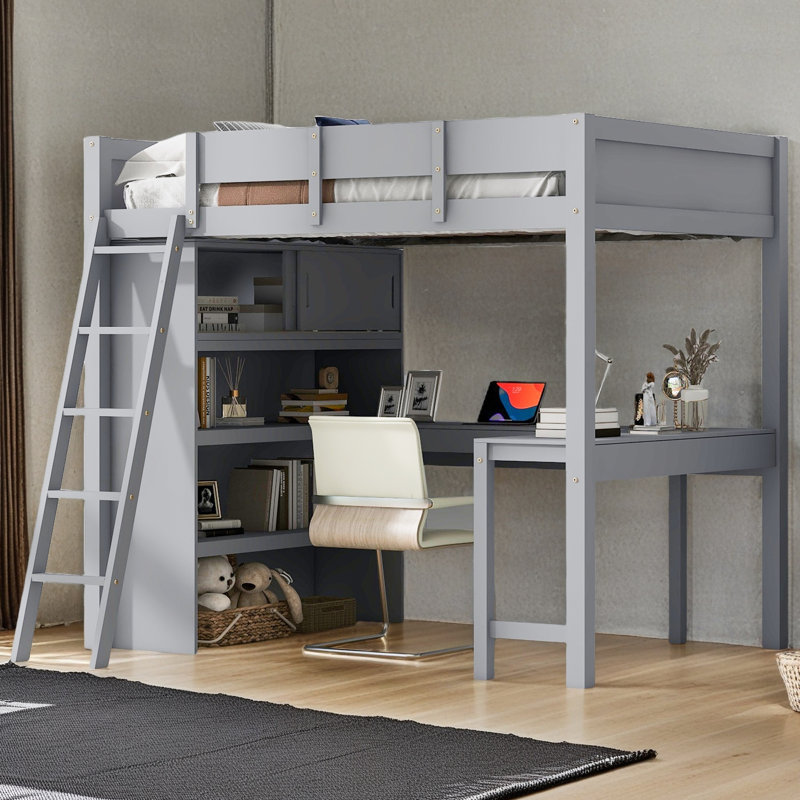 Full Size Loft Bed With Desk And Shelf, Grey