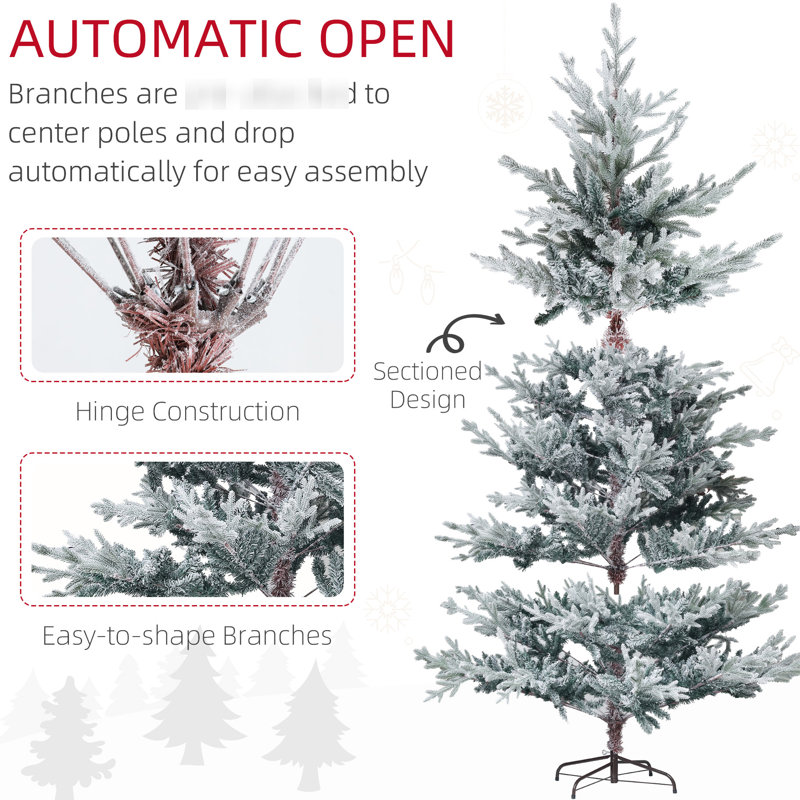 Arbre de Noël en plastique, hauteur 88,6 po, neige floquée, support pliable, assemblage facile 1218 pointes floquées 7,5 pi, branches moulées, intérieur