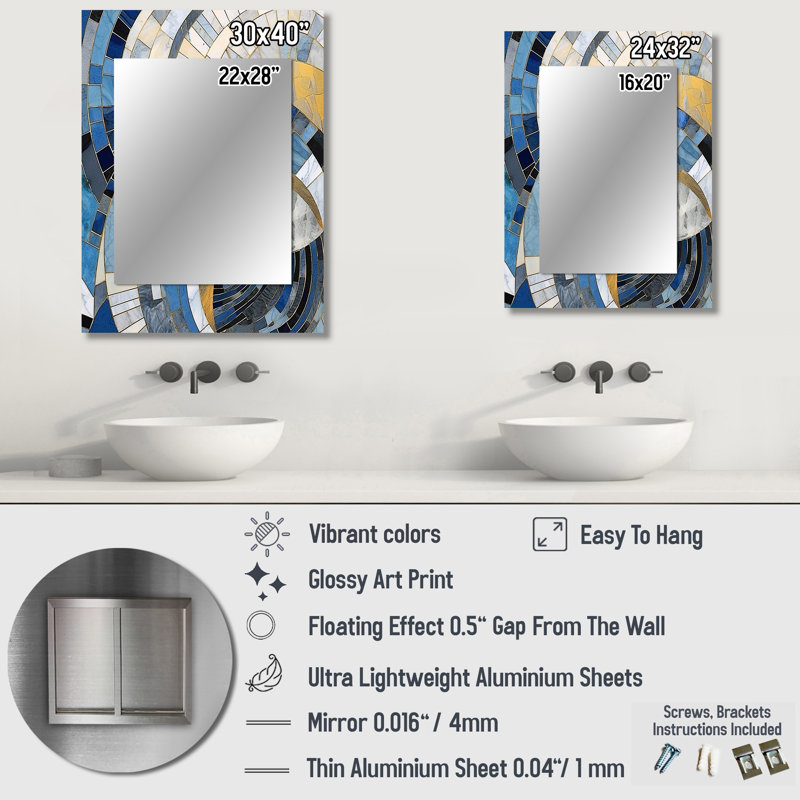 Gold Constructing Blue Realms I - formes abstraites, miroir mural, miroir moderne, impression d'art en métal, 32 po x 24 po