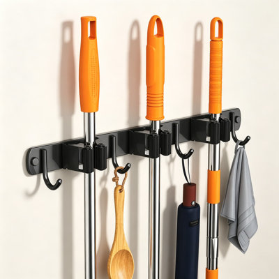 Wall Mount Broom And Mop Holder With Hooks, Heavy-Duty Stainless Steel Tool Organizer For Kitchen, Garage, Laundry Room, And Garden Storage