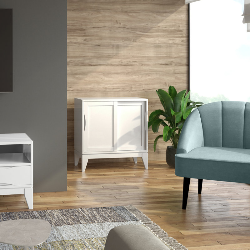 Harper 30"W Solid Hardwood Mid-Century Modern Low Storage Cabinet With Sliding Doors, White
