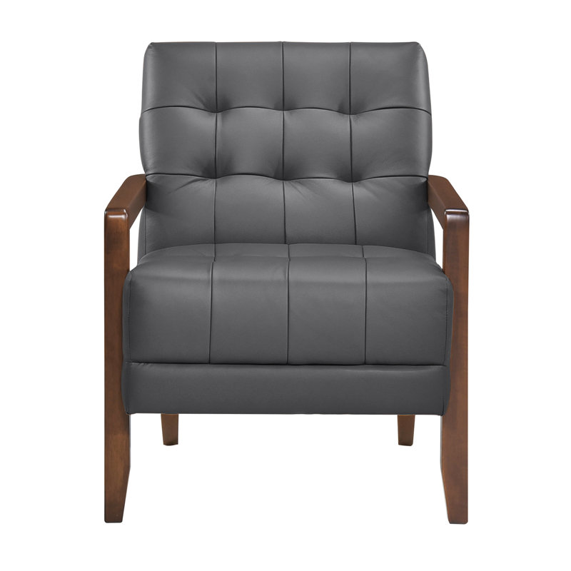 Chaise d'appoint contemporaine en cuir 100% gris foncé, coquille de contreplaqué et pieds en cuir avec finition en noyer