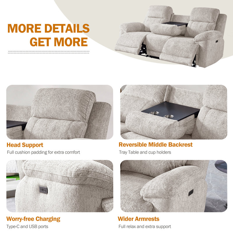 Callendale Power Reclining Sofa With Tray Table, Type-C, USB Ports, Cup Holders, Light Gray