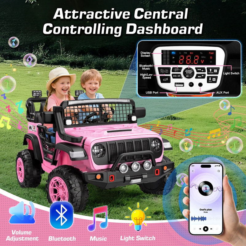 Voiture électrique 2 places 24 Volt pour enfants, 400 W avec autos avec télécommande, véhicule avec Bluetooth, musique, affichage de puissance, vitesse élevée / basse, contrôle de la lumière, suspension, rose