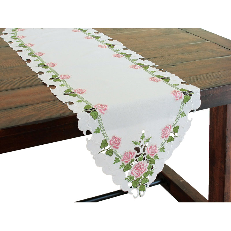 Summer Rose Embroidered Cutwork Table Runner, 34" L x 16" W