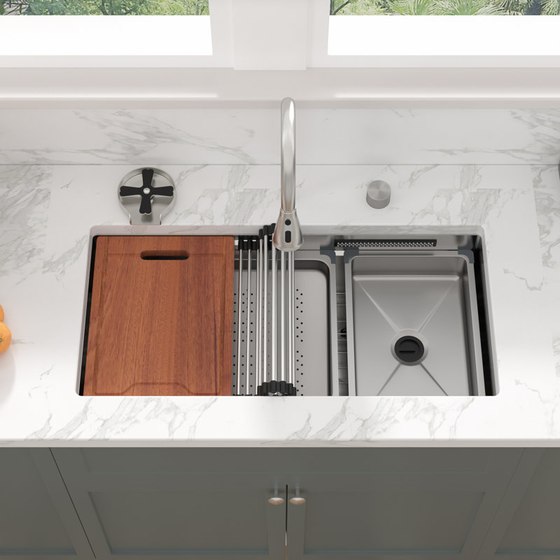33 Inch Undermount Waterfall Kitchen Sink Single Bowl 16 Gauge Stainless Steel Sink with Ledge Workstation and Pull-Out Faucet,Cup Washer