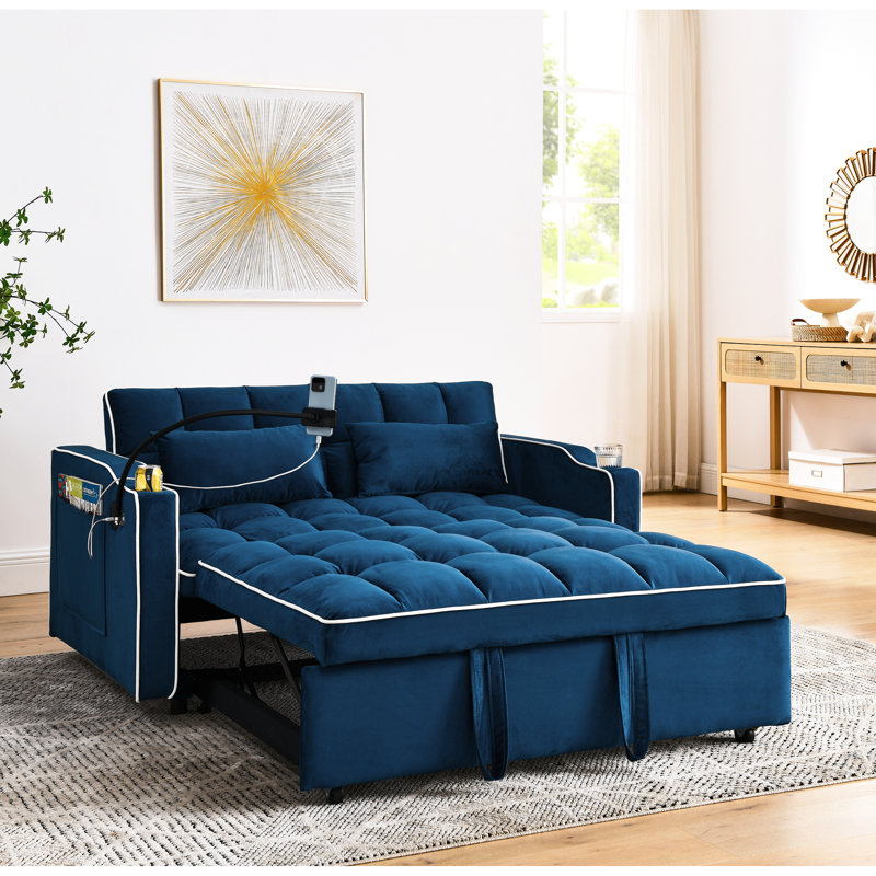 Lit moderne en velours bleu - 141 cm (55,51 pouces) pliable avec dossier réglable, port et support pour téléphone pour votre maison et usage idéal