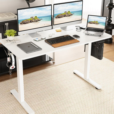 Adjustable Height Electric Standing Desk For Computer Setup In Home Office, 40x24 Inch, White Wood Tone, Rectangular Shape, T-shape Base, Metal & Construction, Manual Adjustment, Ergonomic Design,