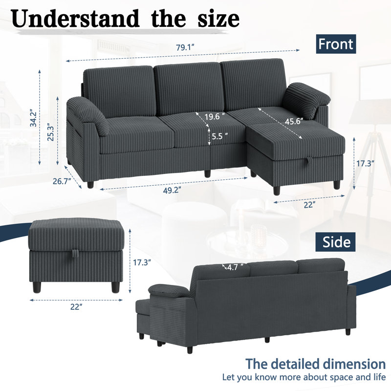 Modern L-Shaped Sofa with Ottoman – Soft Corduroy, Compact Design for Living Room, Apartment, or Office, 79