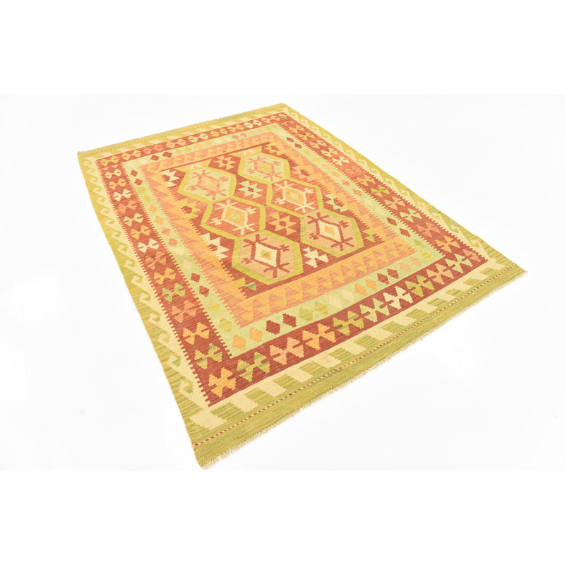 Tapis de zone en laine beige/rouge 4 pi 9 po x 6 pi noué la one-of-kind à la main Elland