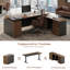 Bureau assis-debout de direction de luxe en forme de L avec caisson de rangement, réglable en hauteur électrique, avec prises électriques, ports USB, étagères de rangement et tiroir verrouillable, finition noyer/noir.-1942729466-1942729467