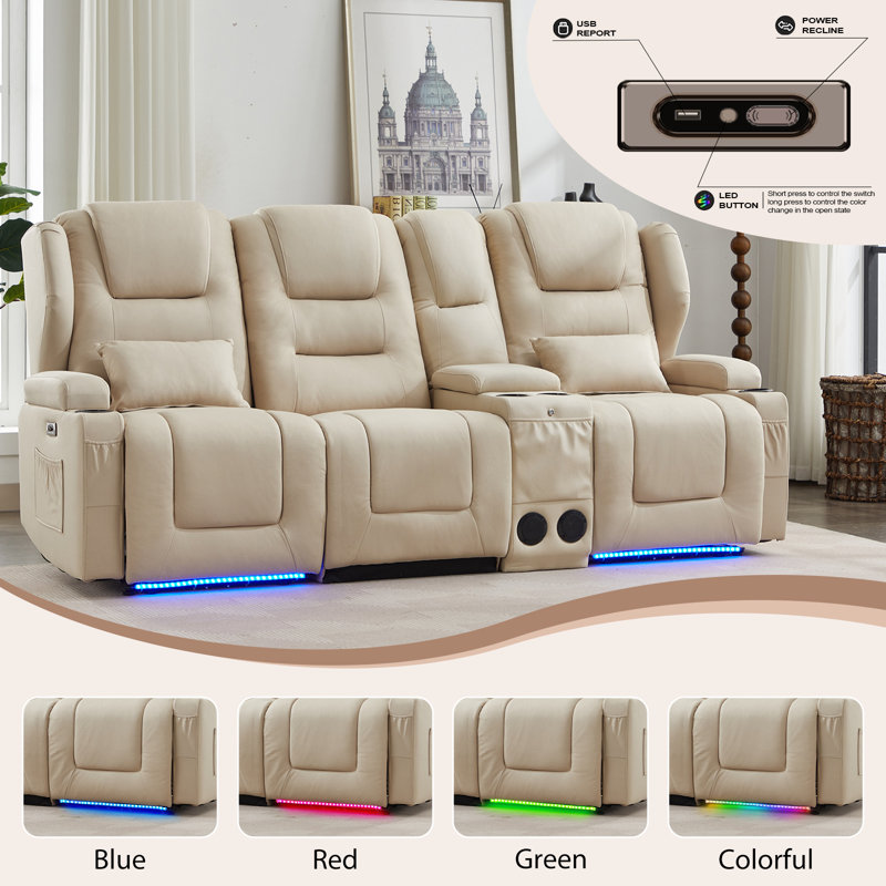 Siège de cinéma inclinable électrique avec éclairage d'ambiance, porte-gobelets et poches latérales, Beige