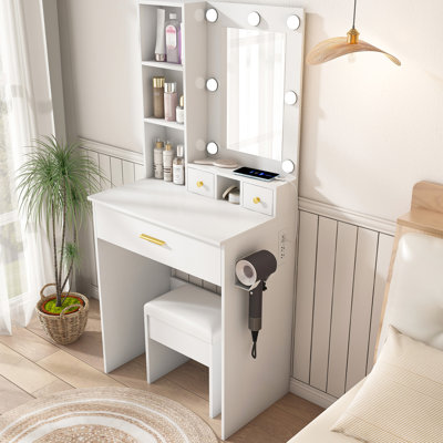 Compact Dressing Vanity In White With Mirror, Led Lights, Power Outlet, And Hairdryer Holder - American Style For Bedroom Easy Setup Three Mode Lighting Adjustable Modern Design Space Saving Features