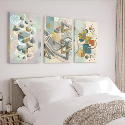 Geometric Abstract Shapes And Floral Patterns Canvas Wrapped Wall Art Oil Painting Print Set Of 3 For Living Room Bedroom Home Decor