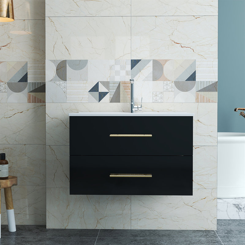 Ensemble de meuble-lavabo mural noir brillant 30 po avec lavabo, 30", Noir