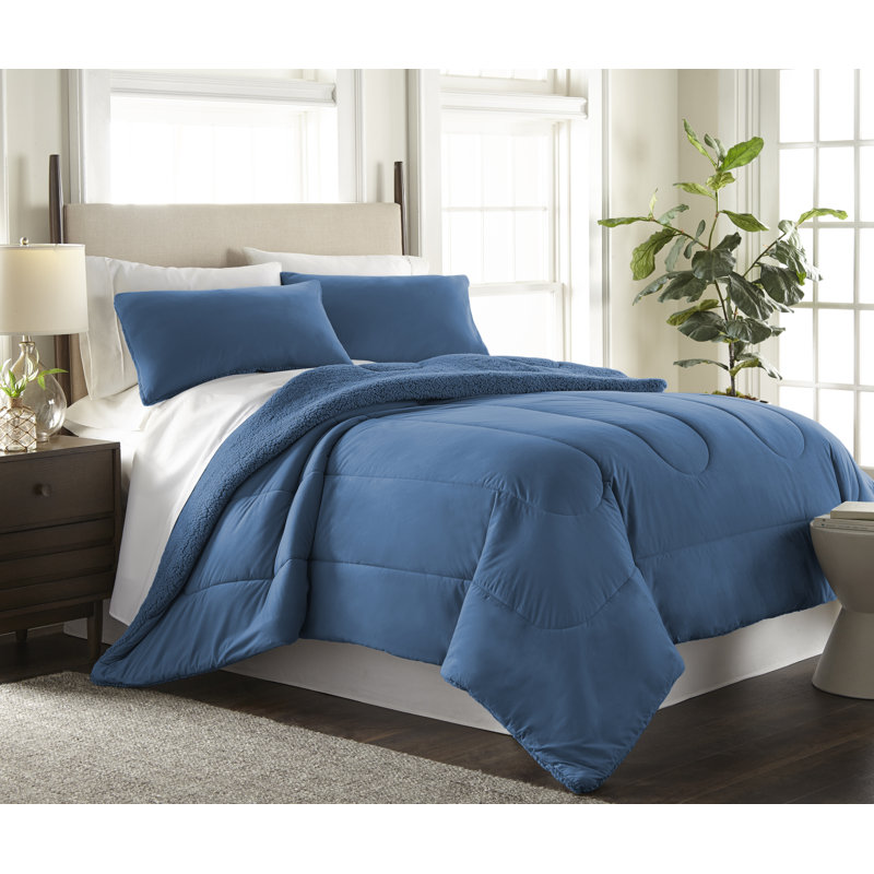 Ensemble d'édredon inversé en sherpa Micro Flannel®, Édredon pour lit simple + 1 taie décorative stan, Bleu Smoky Mountain