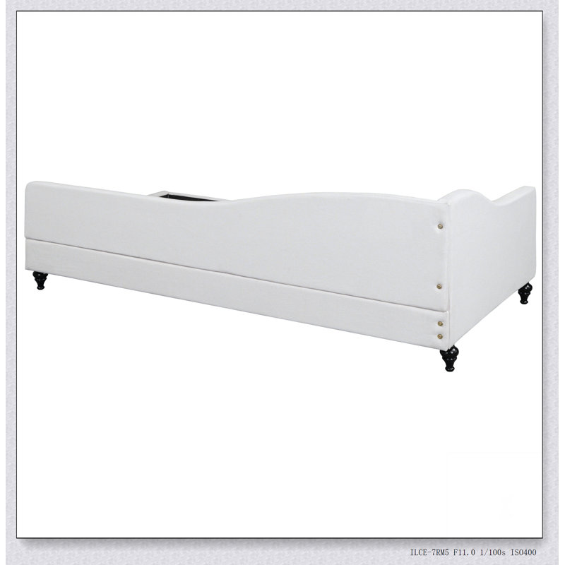 Lit de jour en L en forme de L, avec pieds en bois massif, Beige, Lit simple