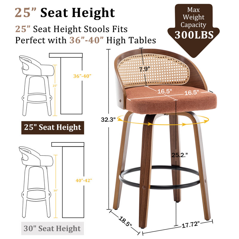 Tabouret de bar et tabouret de bar pivotant en lin Drees, 26", Orange
