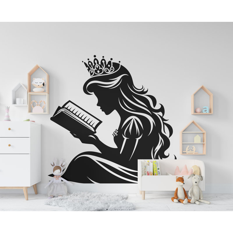 Adhésif décoratif princesse lisant un livre, lecture de livres, autocollant mural en vinyle, autocollants d'art pour intérieurs, écoles, salles de classe, bibliothèques