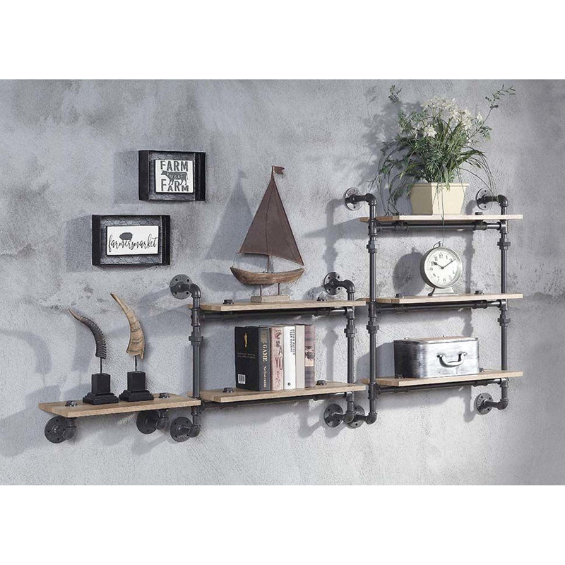 Étagère murale à 2 niveaux, tube métallique, chêne, noir sableux, aspect de conduite d'eau, espace, étagère de décoration de bureau, design, rangement à la maison