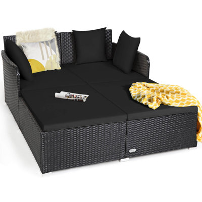 Outdoor Patio Rattan Daybed Thick Pillows Cushioned Sofa Furniture Black by Dakota Fields