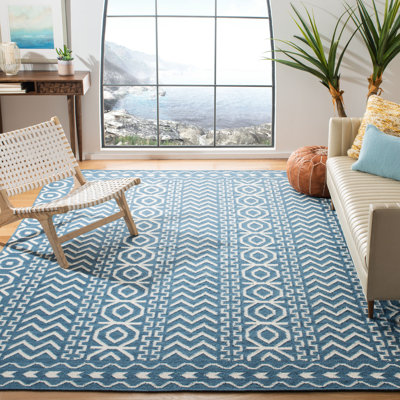 Tapis géométrique tissé à la main en laine / coton Rodgers bleu foncé / ivoire