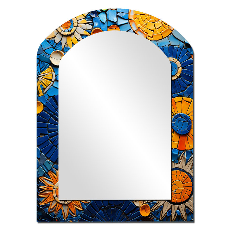 Carreaux de mosaïque jaunes et bleus 2 - miroir mural décoratif asymétrique Boho, 34 po x 25 po