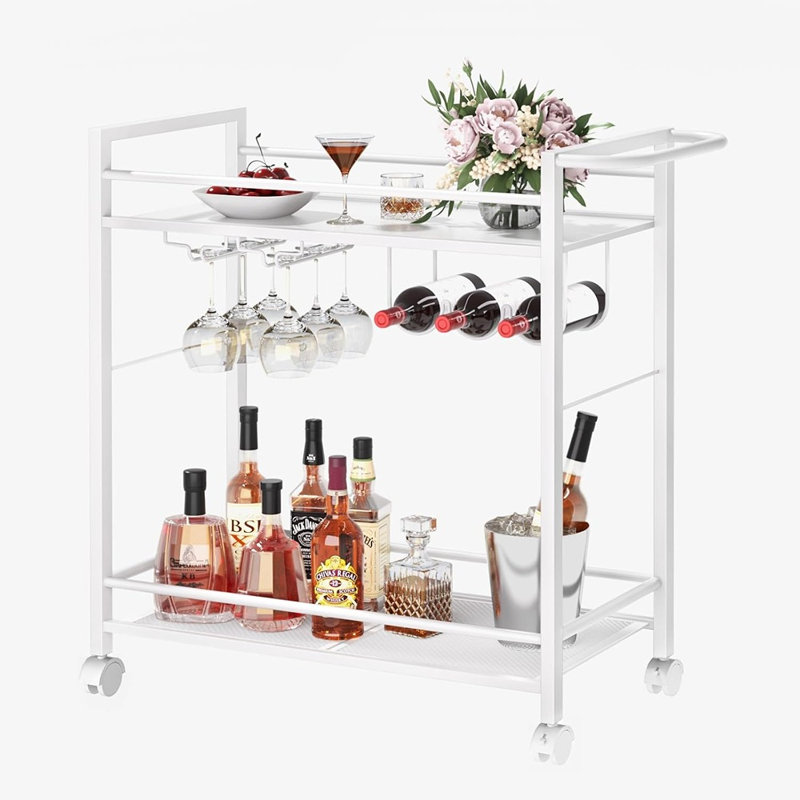 Chariot-bar avec roulettes, chariot de service roulant avec tablettes de rangement, organisateur de bar pour maison mobile, blanc