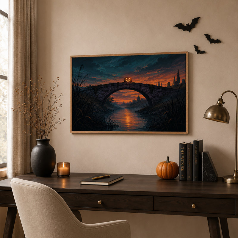 Citrouille lumineuse sur un pont de pierre au coucher du soleil - Toile murale d'Halloween, H 32 po x l 48 po