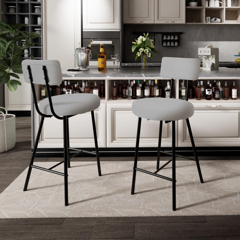 Height Bar Stools Set, Upholstered Counter Height Bar Chair with Round Seat, Modern Barstools with Back and Metal Footrest for Kitchen, Bistro, Pub, Dining Room Island