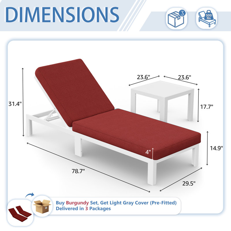 Ensemble de chaises longues d'extérieur en aluminium 4 pièces avec dossiers réglables, tables d'appoint et coussins, Red