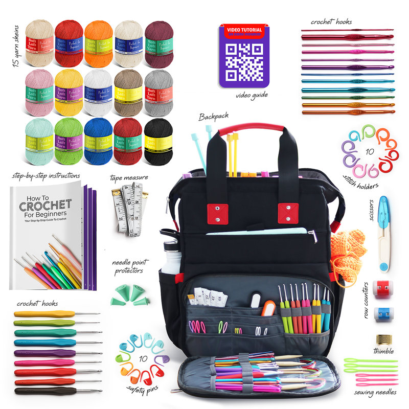 Hearth and Harbor Crochet Kit - Includes Backpack, Polyester Crochet Yarn, Hooks, Tutorials and More