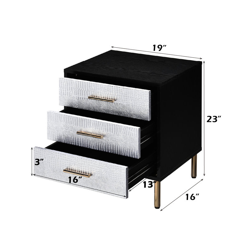 Table de chevet noire, argentée et dorée avec espace de rangement intérieur spacieux 3 tiroirs et finitions de style moderne