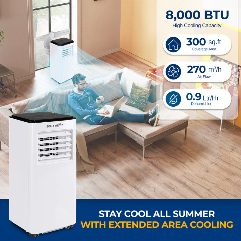 Serenelife Portable Air Conditioner 8000 BTU - Compact 4-In-1 Single Duct A/C Unit With Cooling, Heat, Dehumidifier & Fan Modes, Energy Efficient 300 Sq. Ft. With Universal Castors, Window Mount Kit