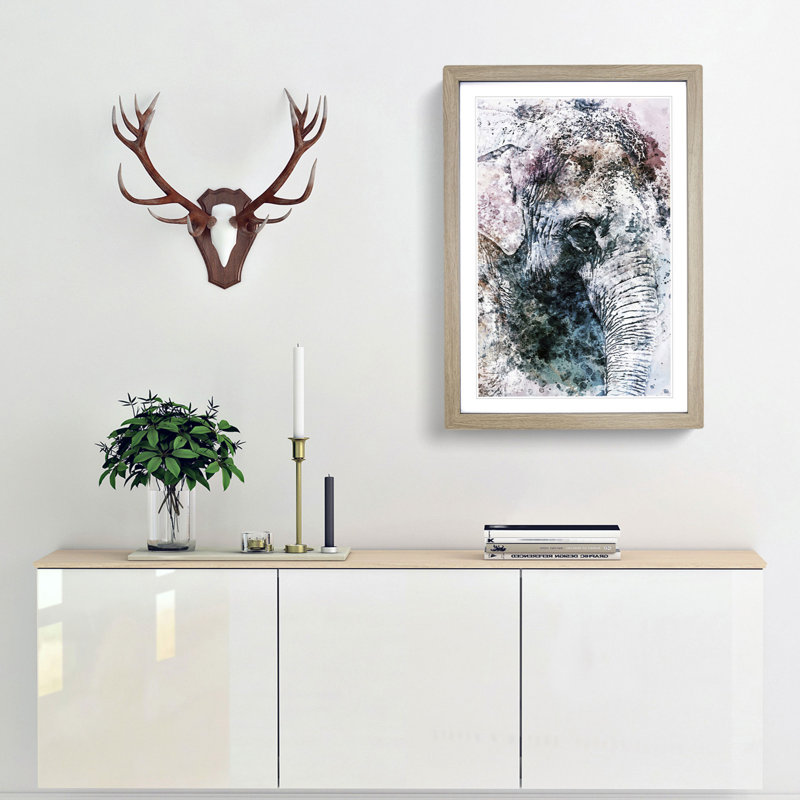Graceful Elephant Portrait in Abstract - Picture Frame Painting Print, 87cm H x 62cm W x 2cm D, Oak Framed