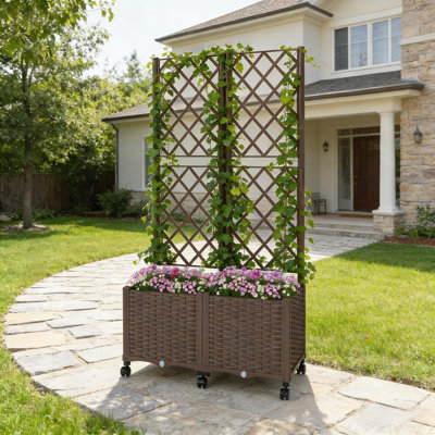 Boîte à fleurs d'extérieur élégante, lit de jardin surélevé mobile avec treillis et réservoir auto-arrosant pour un entretien facile des plantes