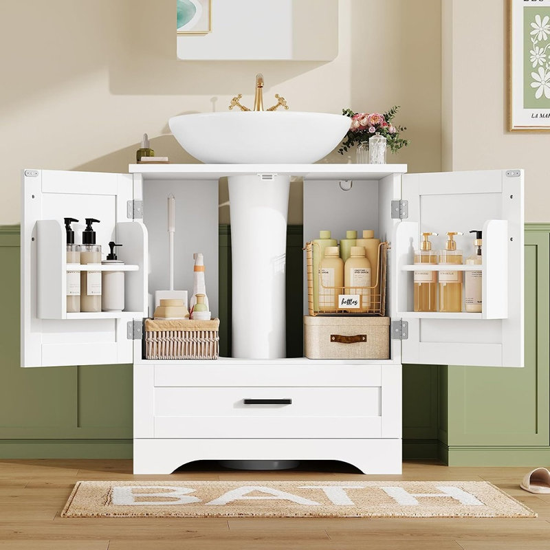 Pedestal Sink Storage Cabinet with 2 Doors and Drawer, Under Sink Bathroom Cabinet with U-Shaped Cutout and Shelves, White