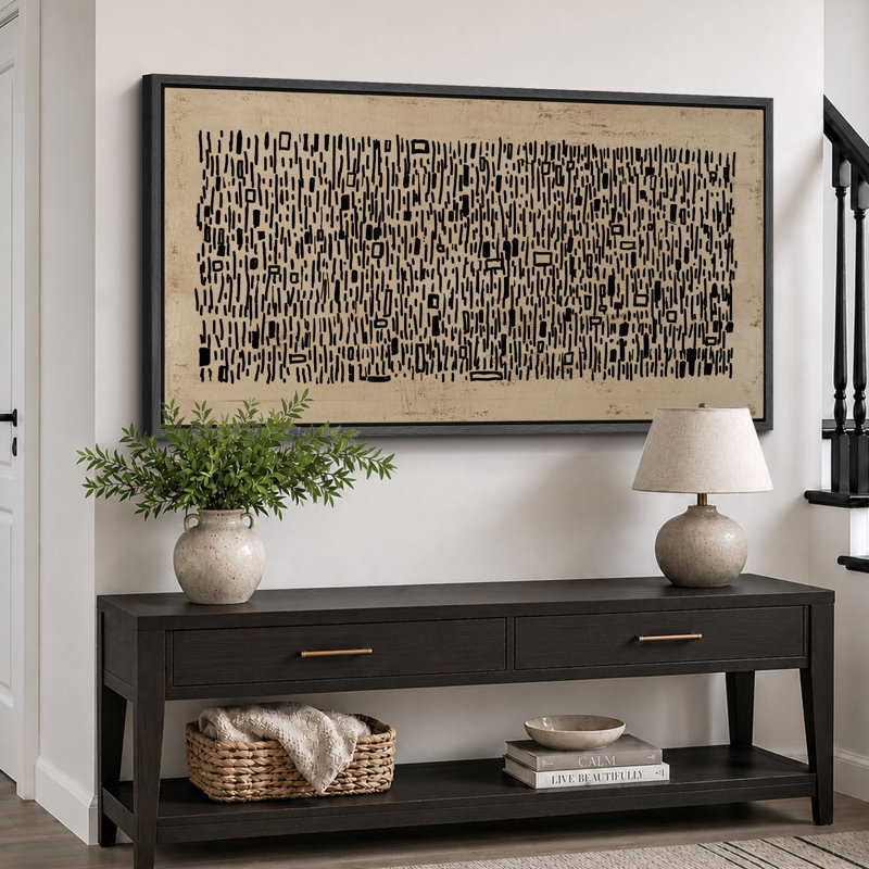 Geometric Line "Brown Black Wabi Sabi Abstract Artwork, Mid Century Modern Neutral Wall Pictures, Extra Large Framed Canvas Giclee Print Wall Art"