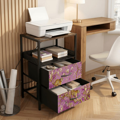Table de chevet 2 tiroirs avec station de charge, table de chevet pour chambre avec ports USB et amp; Outlets, tablette ouverte noire, table de chevet avec pivoines, arbres, palmiers, tigres, style chinois