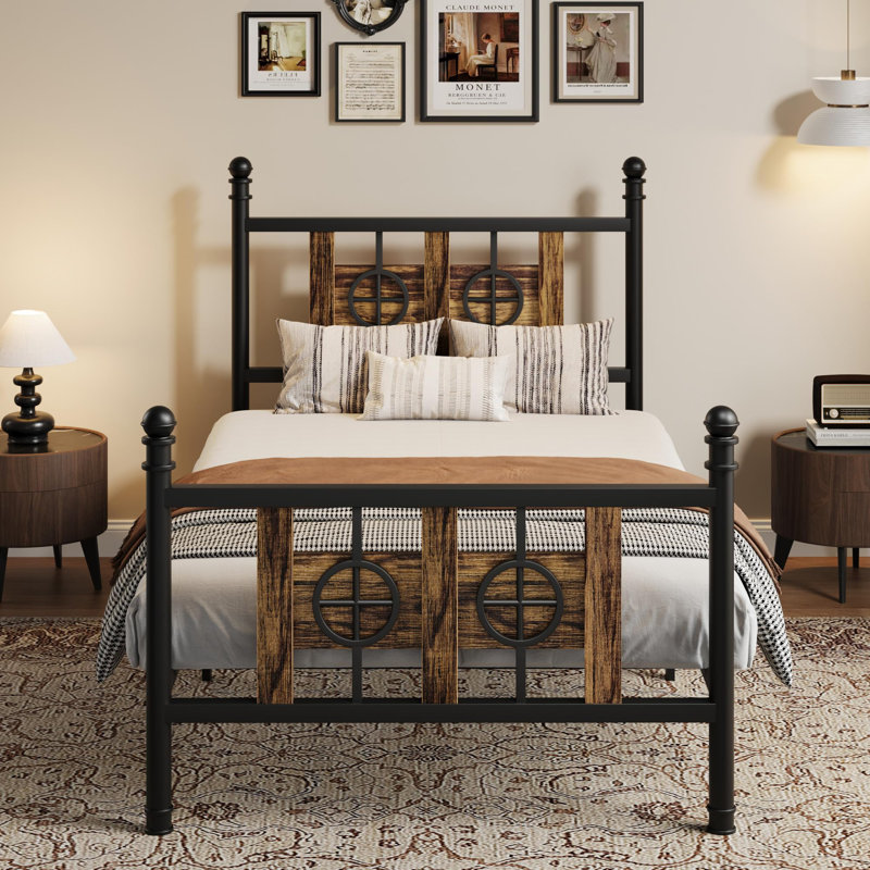 Twin Size Sturdy Metal Bed Frame with Vintage Circular Design,Platform with Headboard & Footboard – Underbed Storage, Noise-Free, No Box Spring Needed, Rustic Brown