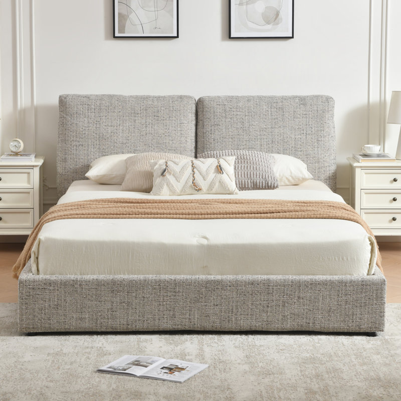Lit plateforme rembourré avec tête de lit avec deux coussins amovibles, Brun, Grand