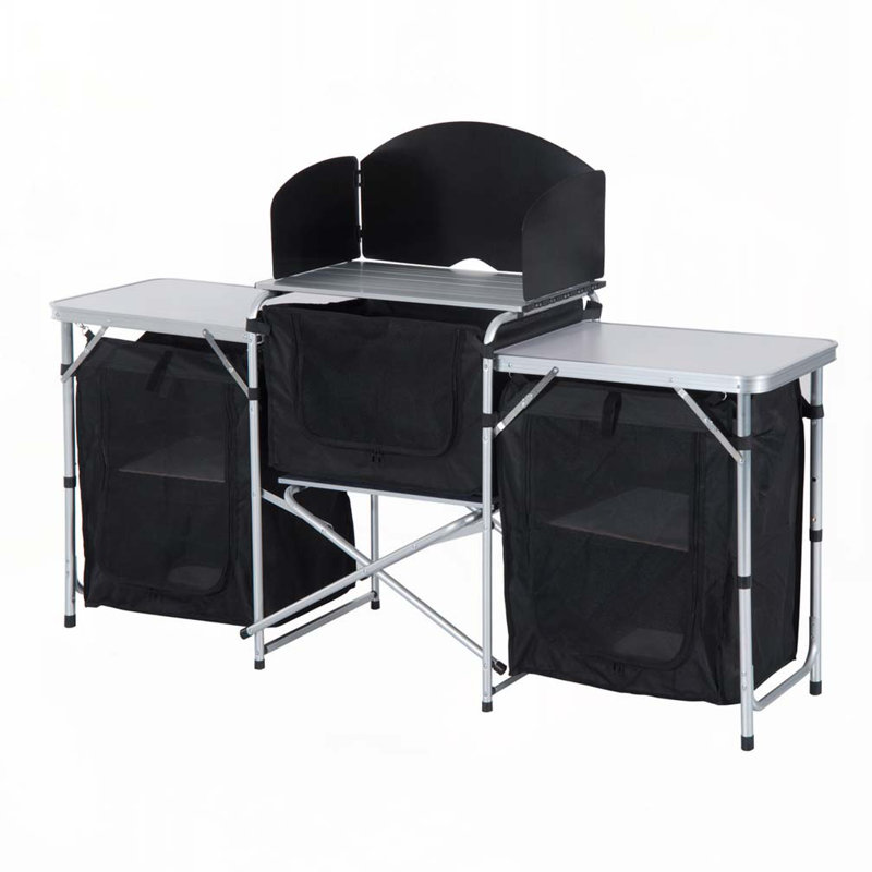 Table de camping pour patio avec pare-brise et 3 armoires fermées