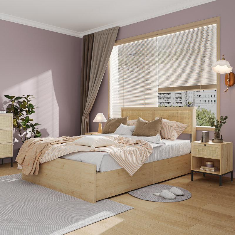 Boho Natural Rattan Bedroom Set, Full, 2 Pcs: Bed, Dresser